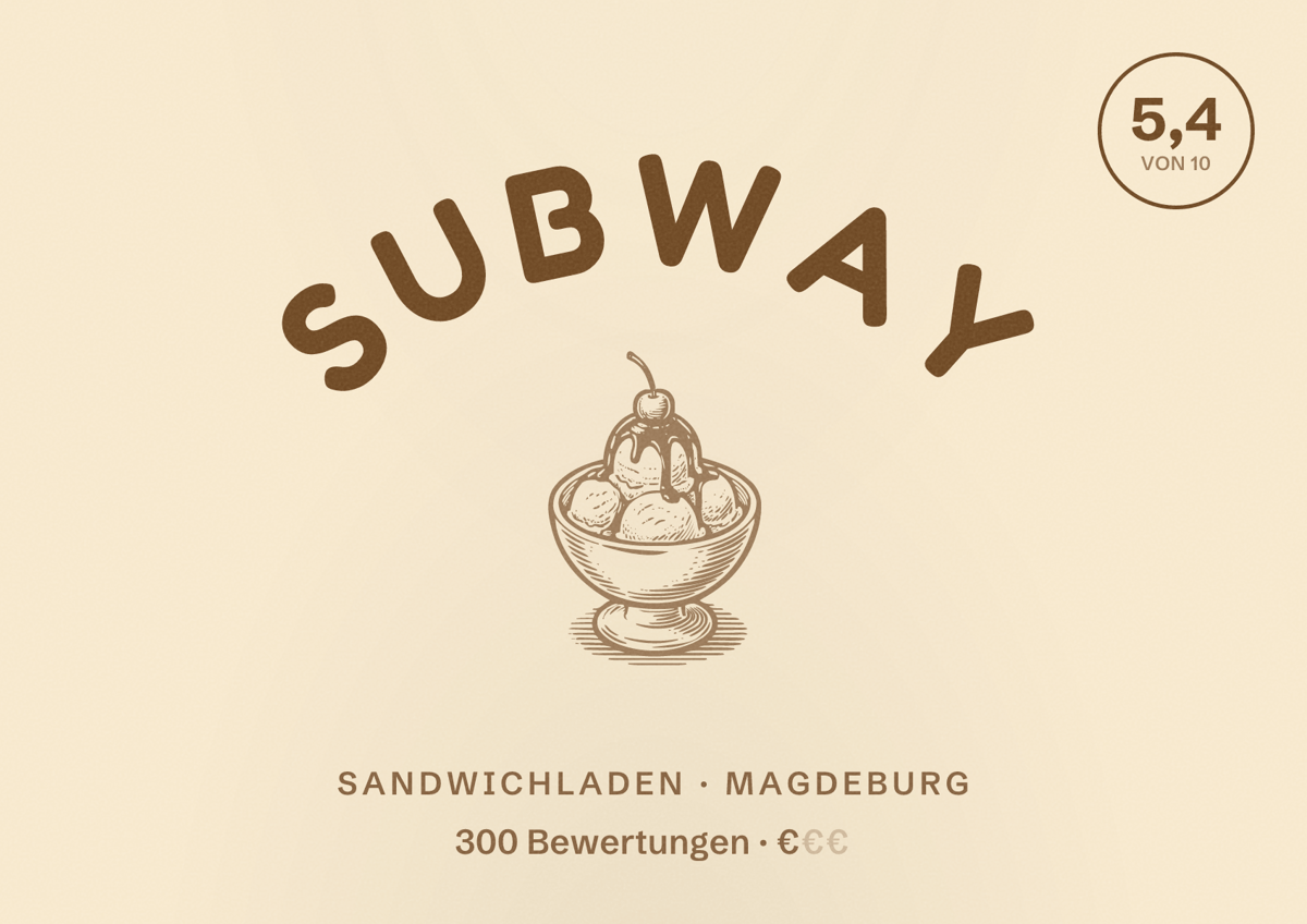 Illustriertes Poster von Subway, Sandwichladen in Magdeburg: Bewertung 5,4 von 10 aus 300 Bewertungen, Preisniveau €