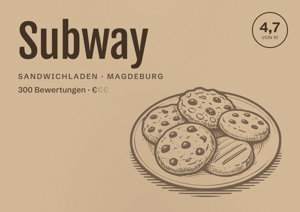 Illustriertes Poster von Subway, Sandwichladen in Magdeburg: Bewertung 4,7 von 10 aus 300 Bewertungen, Preisniveau €