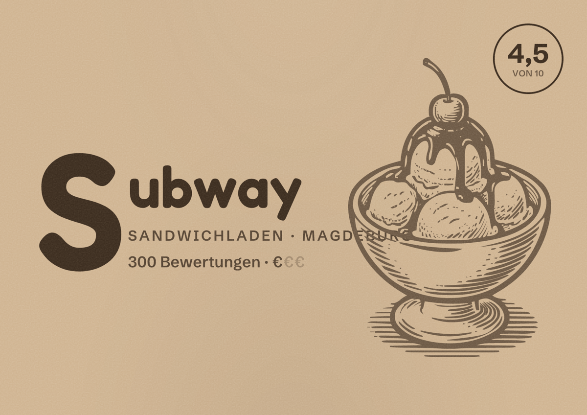 Illustriertes Poster von Subway, Sandwichladen in Magdeburg: Bewertung 4,5 von 10 aus 300 Bewertungen, Preisniveau €