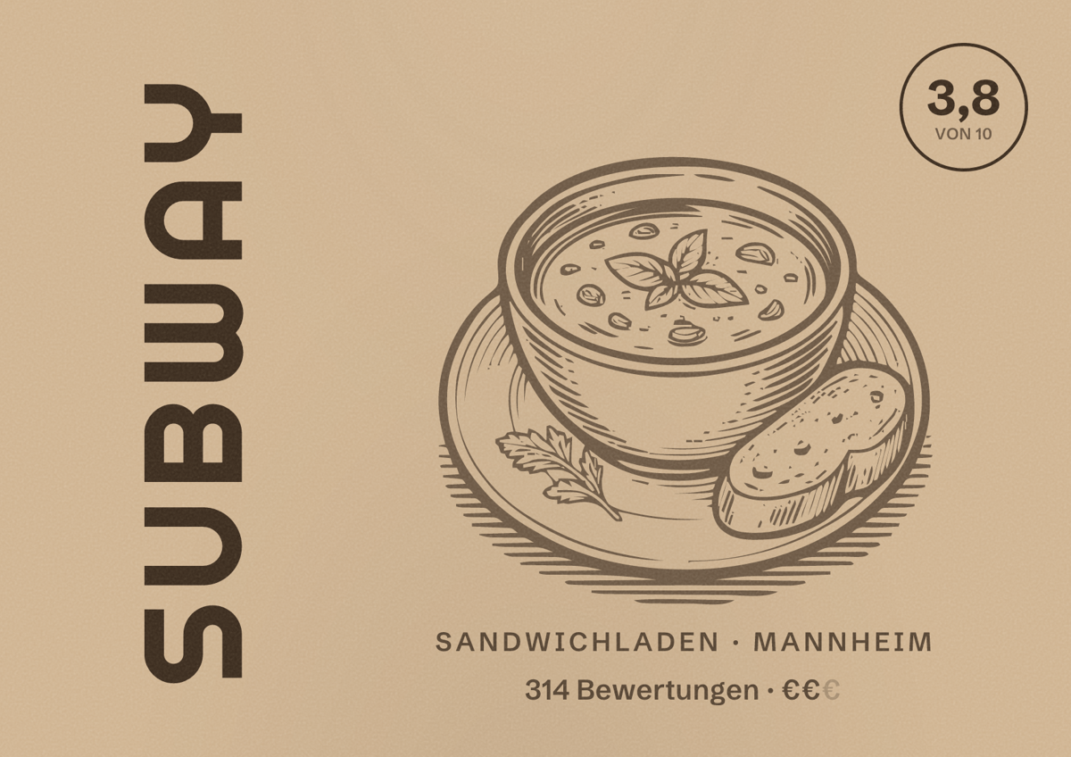 Illustriertes Poster von Subway, Sandwichladen in Mannheim: Bewertung 3,8 von 10 aus 314 Bewertungen, Preisniveau €€