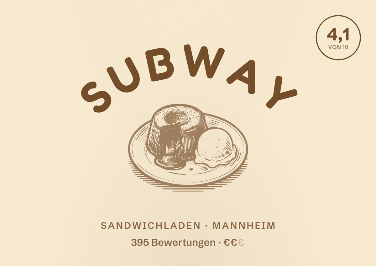 Illustriertes Poster von Subway, Sandwichladen in Mannheim: Bewertung 4,1 von 10 aus 395 Bewertungen, Preisniveau €€