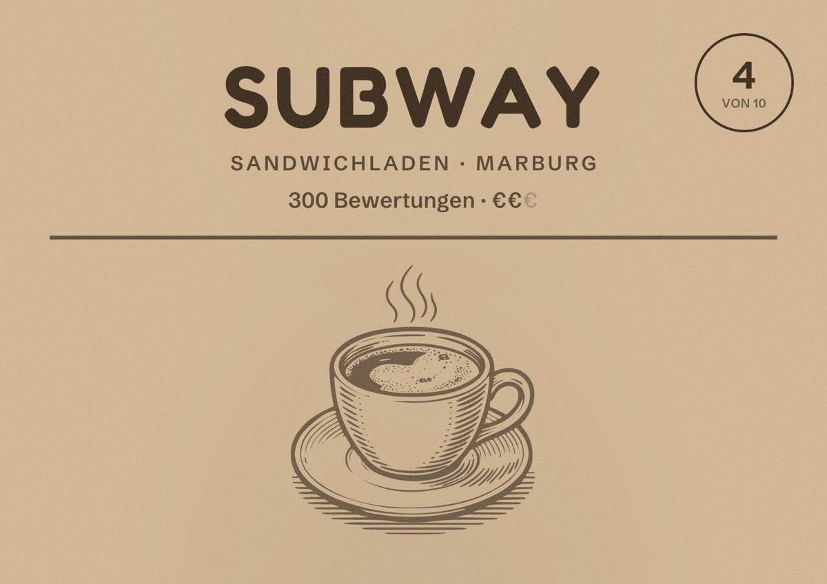 Illustriertes Poster von Subway, Sandwichladen in Marburg: Bewertung 4 von 10 aus 300 Bewertungen, Preisniveau €€