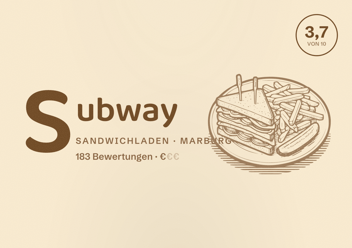 Illustriertes Poster von Subway, Sandwichladen in Marburg: Bewertung 3,7 von 10 aus 183 Bewertungen, Preisniveau €