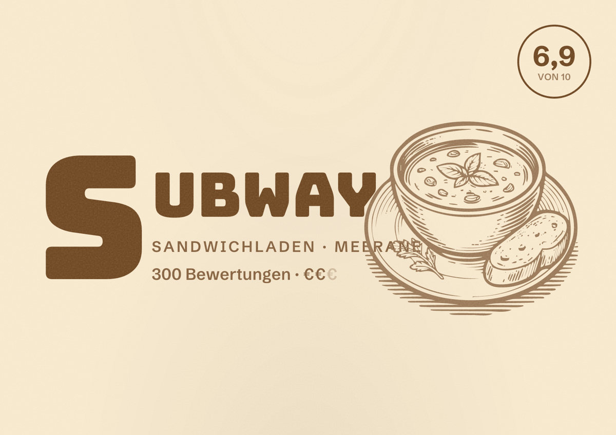 Illustriertes Poster von Subway, Sandwichladen in Meerane: Bewertung 6,9 von 10 aus 300 Bewertungen, Preisniveau €€