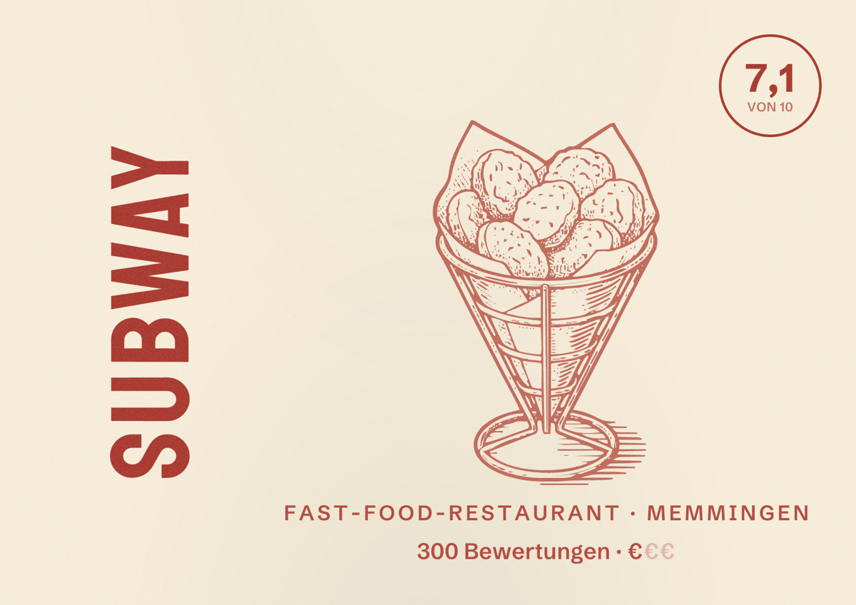 Illustriertes Poster von Subway, Fast-Food-Restaurant in Memmingen: Bewertung 7,1 von 10 aus 300 Bewertungen, Preisniveau €