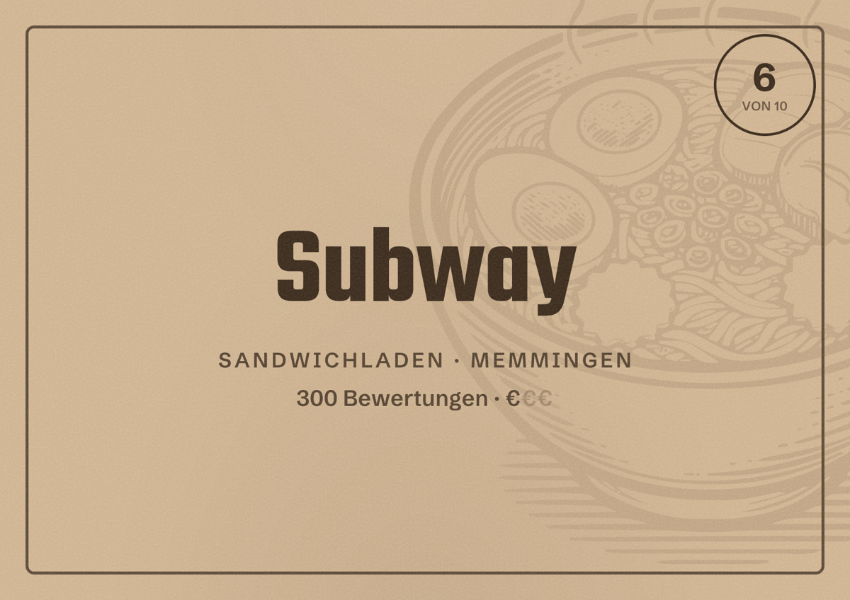 Illustriertes Poster von Subway, Sandwichladen in Memmingen: Bewertung 6 von 10 aus 300 Bewertungen, Preisniveau €