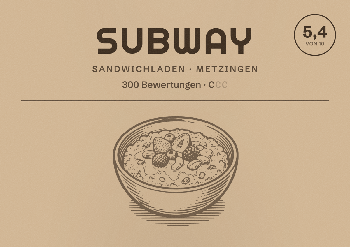 Illustriertes Poster von Subway, Sandwichladen in Metzingen: Bewertung 5,4 von 10 aus 300 Bewertungen, Preisniveau €