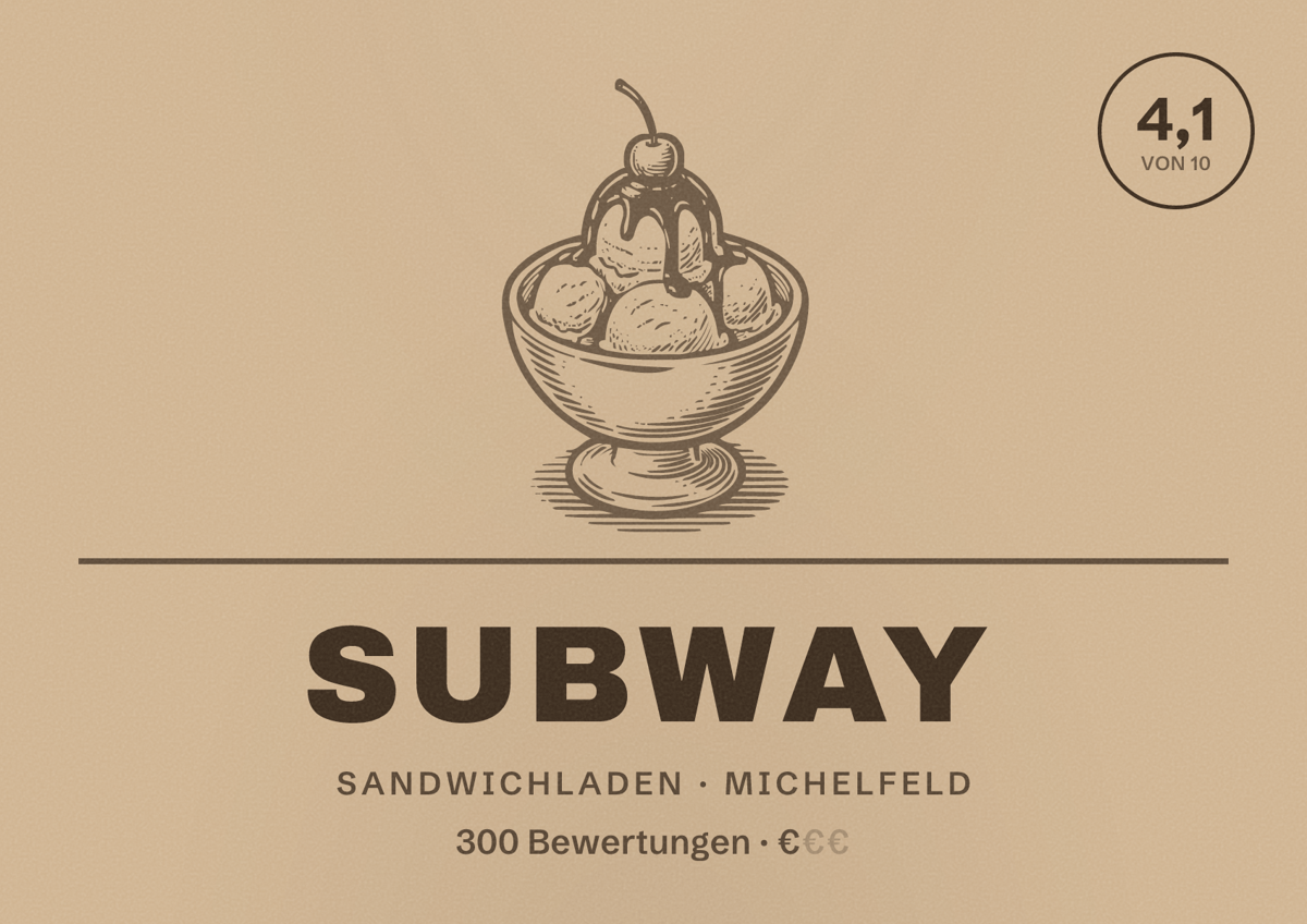 Illustriertes Poster von Subway, Sandwichladen in Michelfeld: Bewertung 4,1 von 10 aus 300 Bewertungen, Preisniveau €