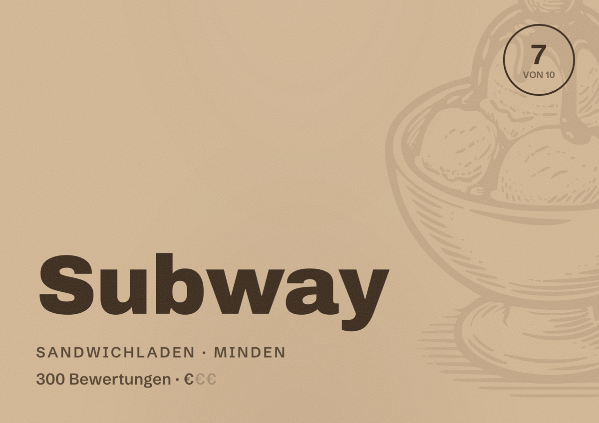 Illustriertes Poster von Subway, Sandwichladen in Minden: Bewertung 7 von 10 aus 300 Bewertungen, Preisniveau €