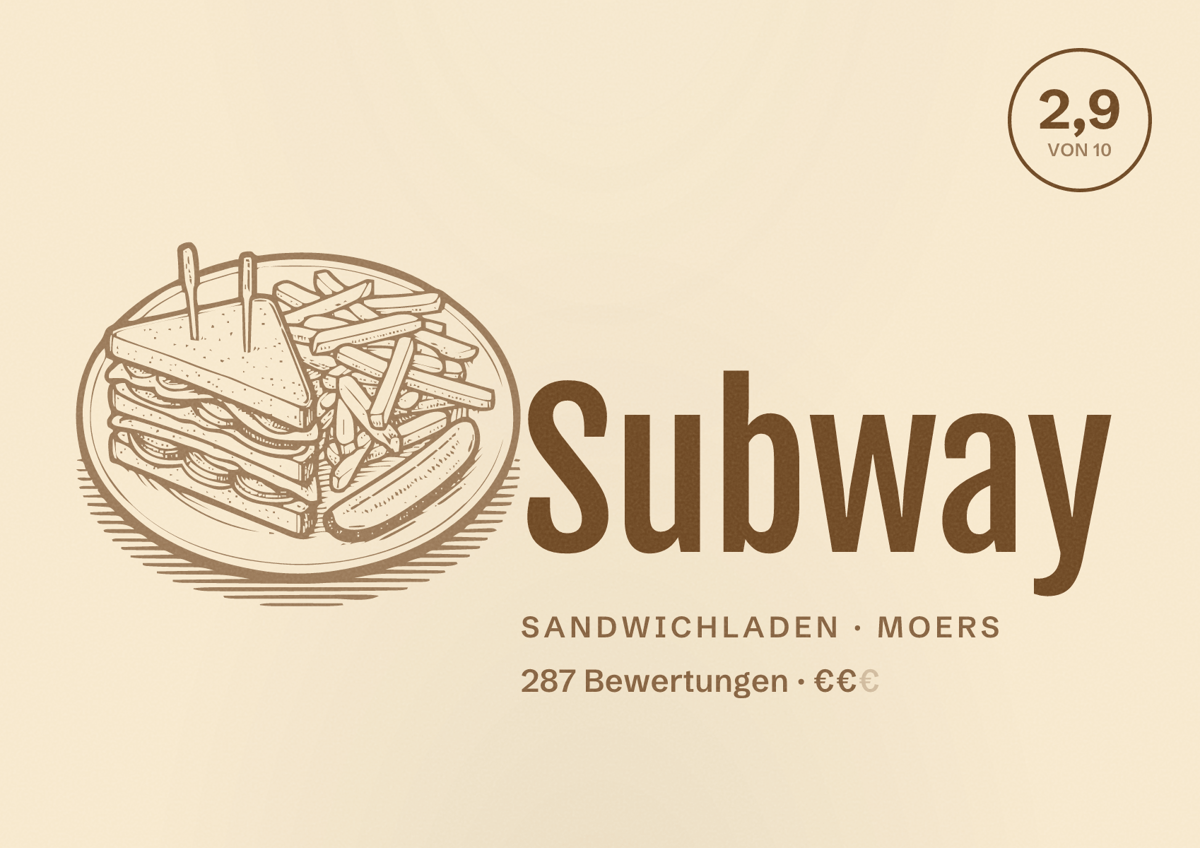 Illustriertes Poster von Subway, Sandwichladen in Moers: Bewertung 2,9 von 10 aus 287 Bewertungen, Preisniveau €€