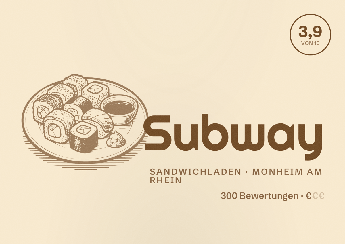 Illustriertes Poster von Subway, Sandwichladen in Monheim am Rhein: Bewertung 3,9 von 10 aus 300 Bewertungen, Preisniveau €