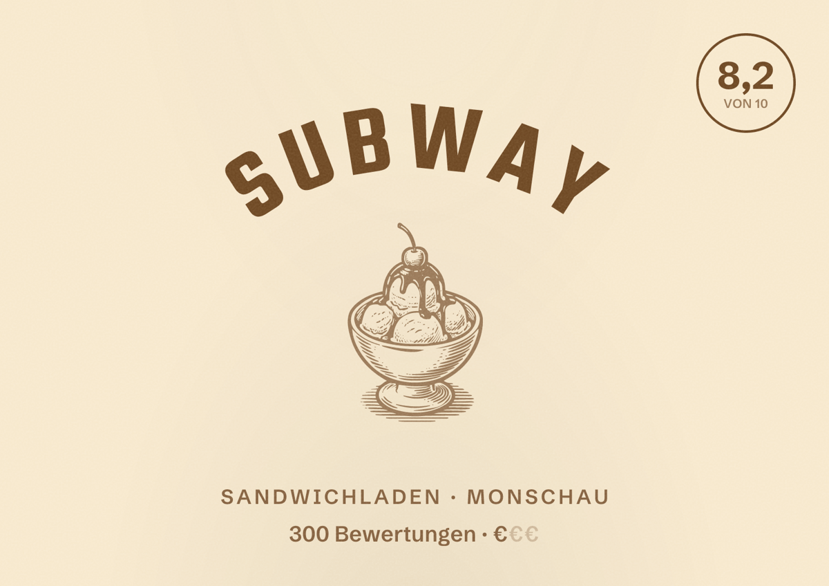 Illustriertes Poster von Subway, Sandwichladen in Monschau: Bewertung 8,2 von 10 aus 300 Bewertungen, Preisniveau €