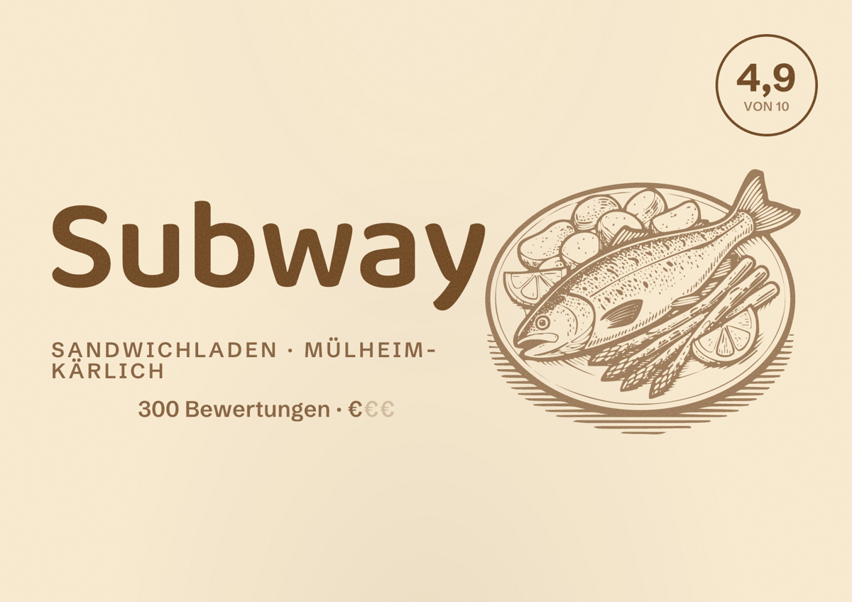 Illustriertes Poster von Subway, Sandwichladen in Mülheim-Kärlich: Bewertung 4,9 von 10 aus 300 Bewertungen, Preisniveau €