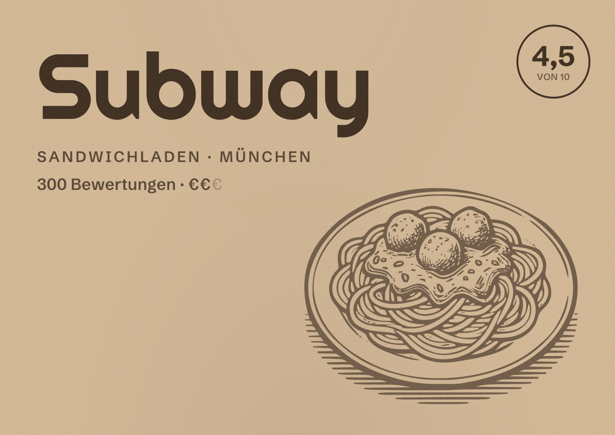 Illustriertes Poster von Subway, Sandwichladen in München: Bewertung 4,5 von 10 aus 300 Bewertungen, Preisniveau €€