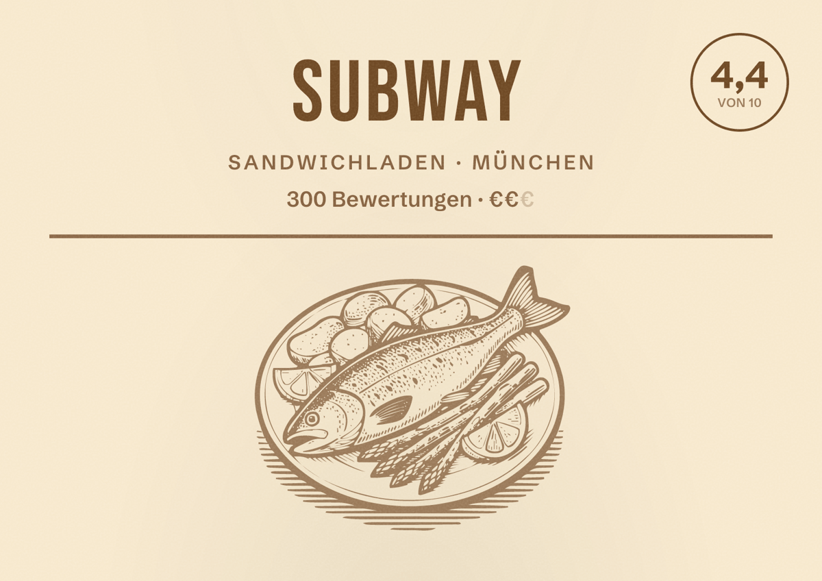 Illustriertes Poster von Subway, Sandwichladen in München: Bewertung 4,4 von 10 aus 300 Bewertungen, Preisniveau €€