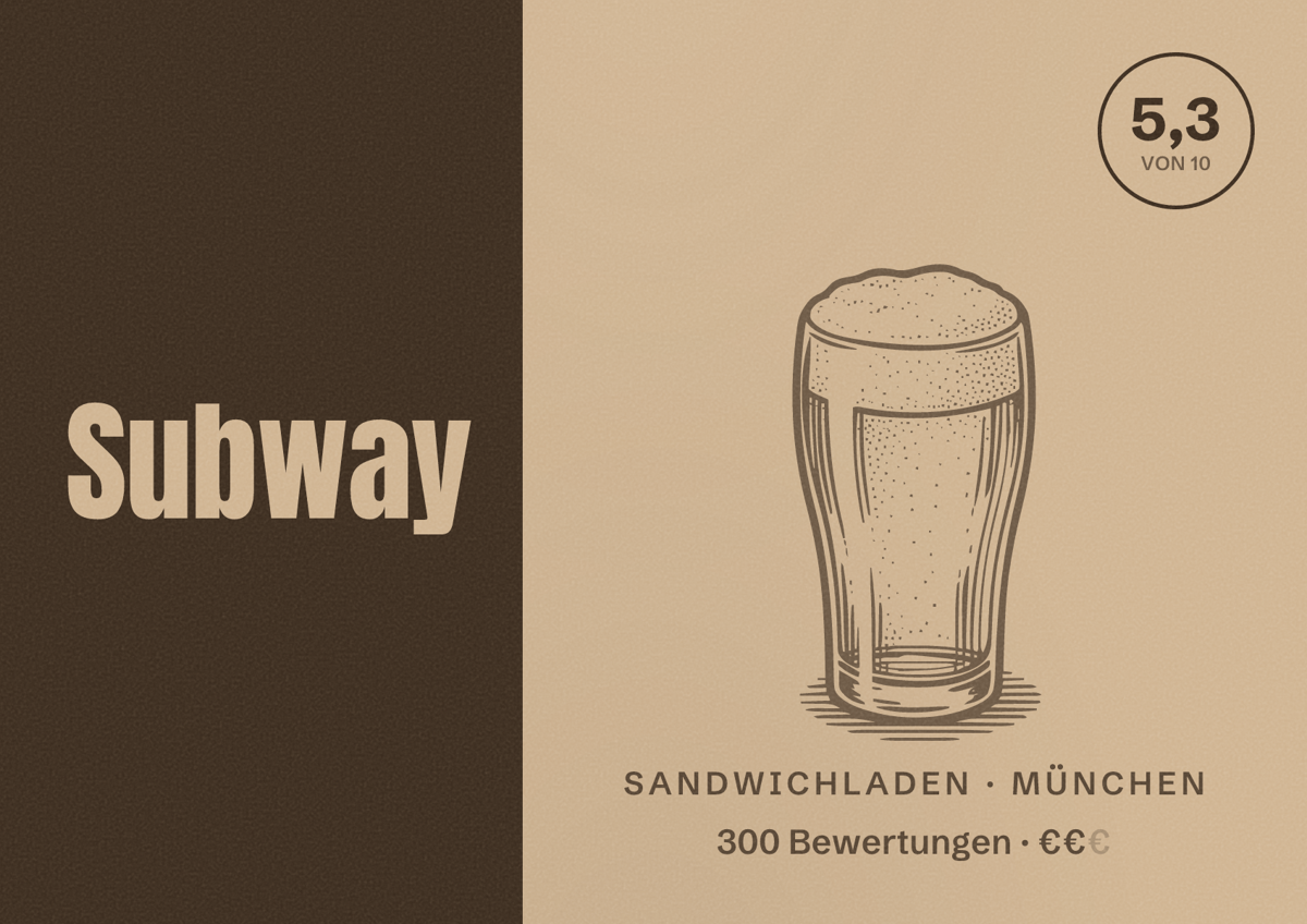 Illustriertes Poster von Subway, Sandwichladen in München: Bewertung 5,3 von 10 aus 300 Bewertungen, Preisniveau €€