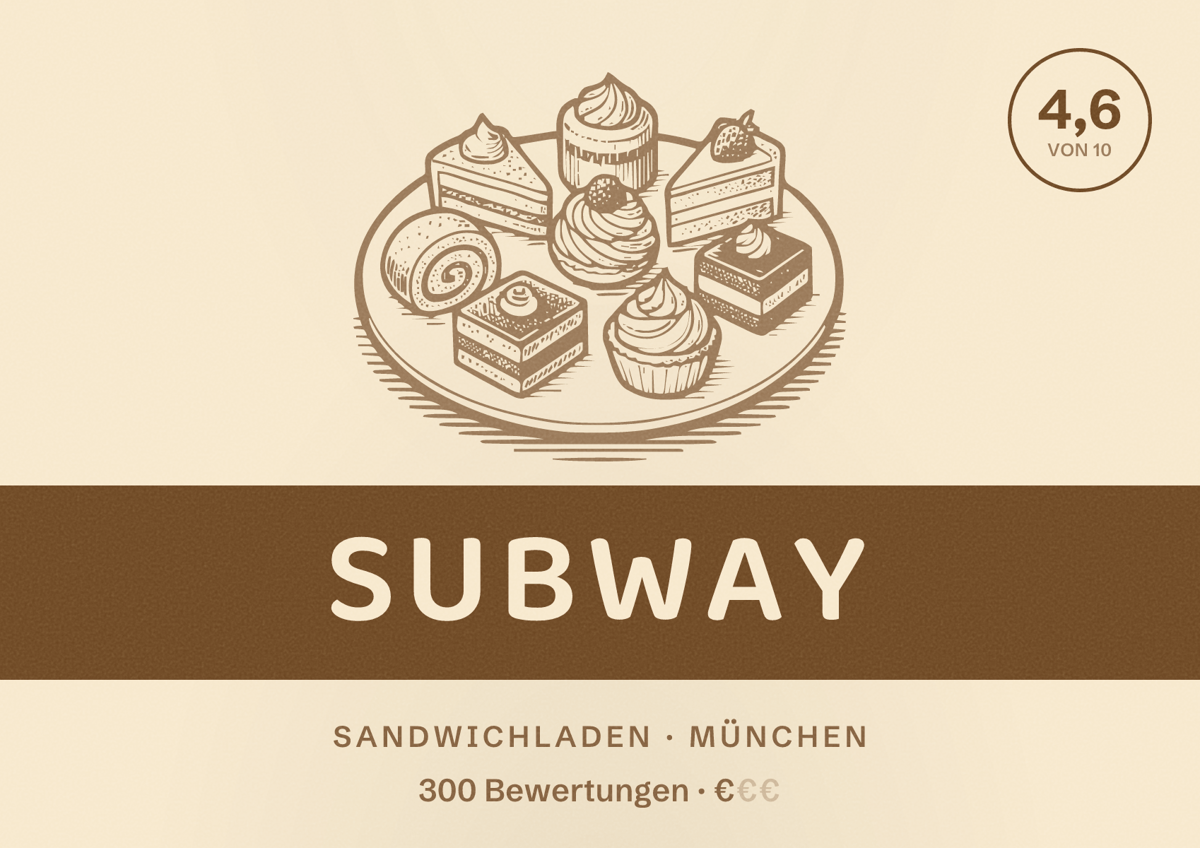 Illustriertes Poster von Subway, Sandwichladen in München: Bewertung 4,6 von 10 aus 300 Bewertungen, Preisniveau €