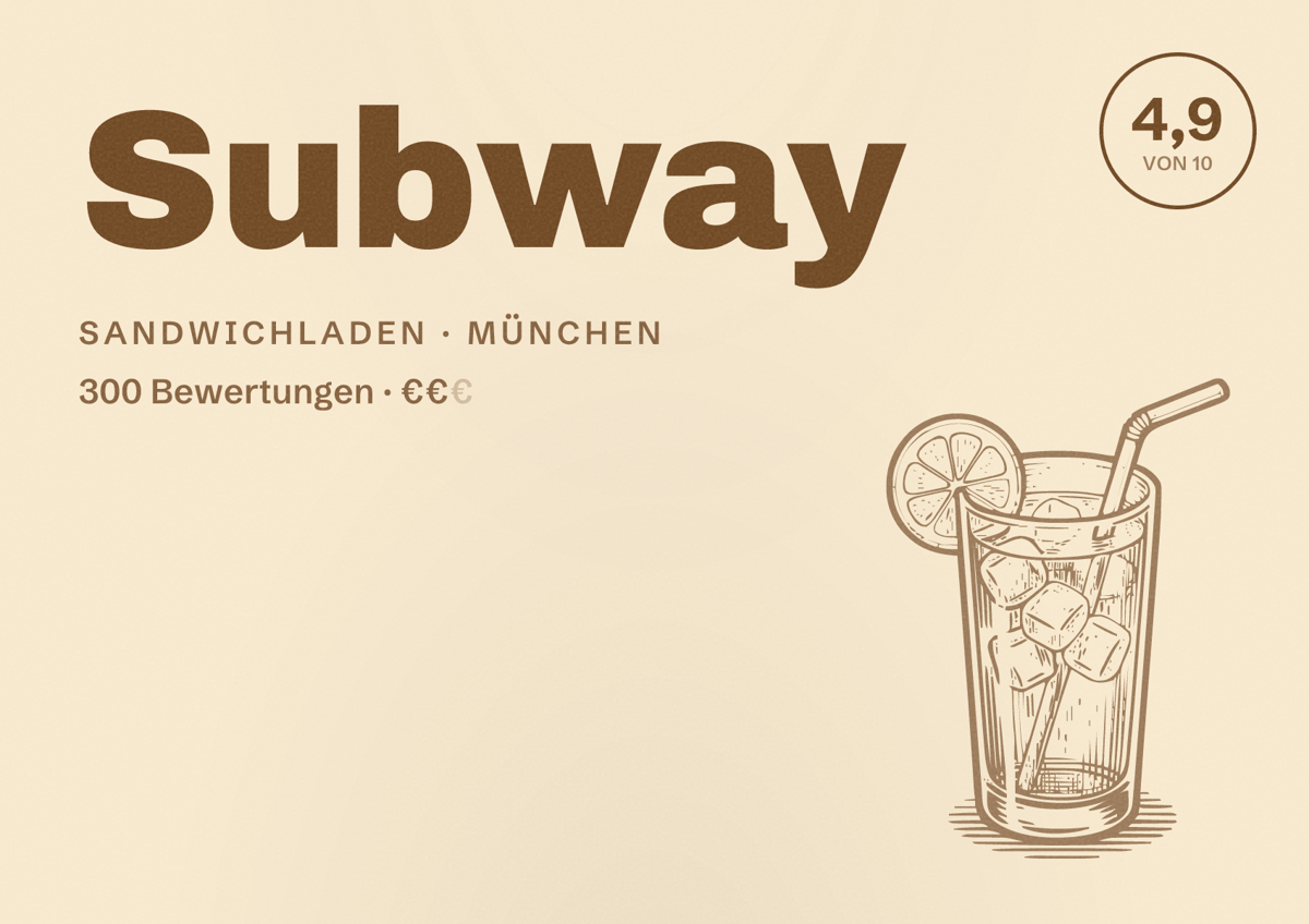Illustriertes Poster von Subway, Sandwichladen in München: Bewertung 4,9 von 10 aus 300 Bewertungen, Preisniveau €€
