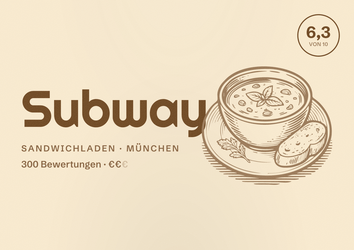 Illustriertes Poster von Subway, Sandwichladen in München: Bewertung 6,3 von 10 aus 300 Bewertungen, Preisniveau €€