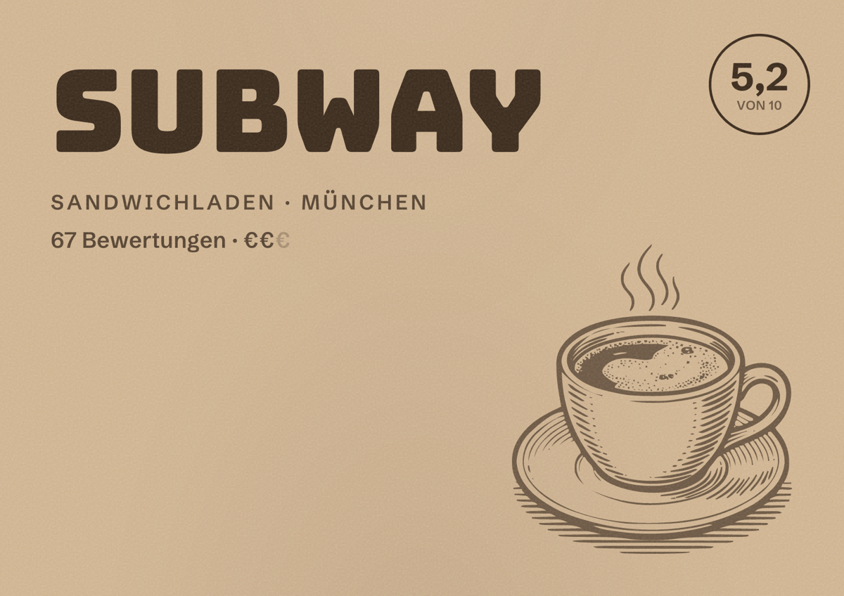 Illustriertes Poster von Subway, Sandwichladen in München: Bewertung 5,2 von 10 aus 67 Bewertungen, Preisniveau €€