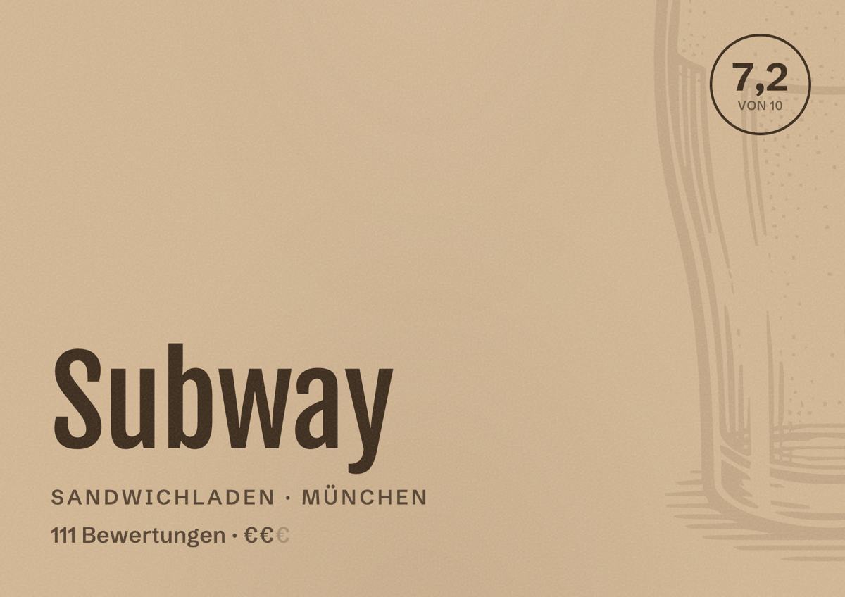 Illustriertes Poster von Subway, Sandwichladen in München: Bewertung 7,2 von 10 aus 111 Bewertungen, Preisniveau €€