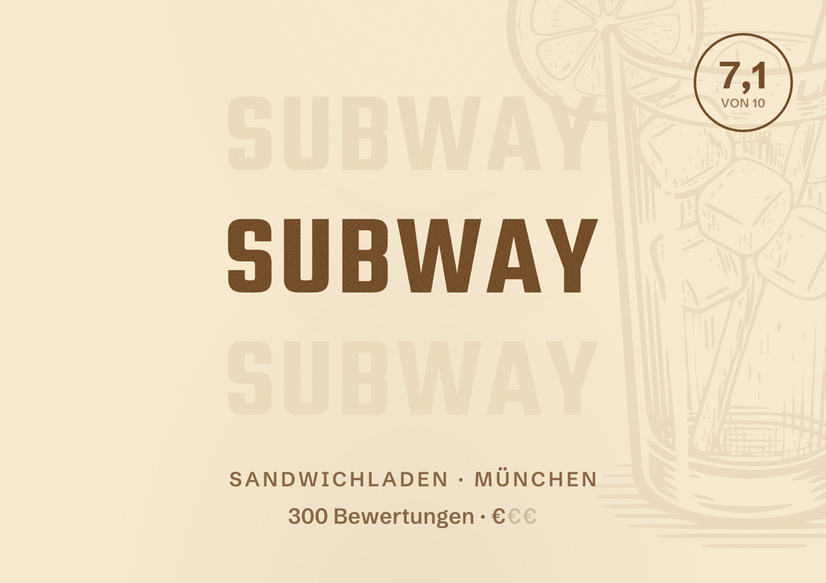 Illustriertes Poster von Subway, Sandwichladen in München: Bewertung 7,1 von 10 aus 300 Bewertungen, Preisniveau €