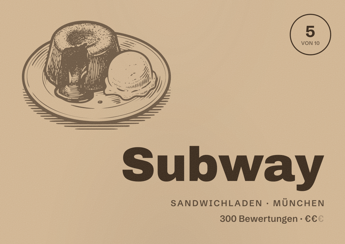 Illustriertes Poster von Subway, Sandwichladen in München: Bewertung 5,0 von 10 aus 300 Bewertungen, Preisniveau €€