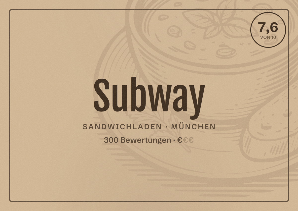 Illustriertes Poster von Subway, Sandwichladen in München: Bewertung 7,6 von 10 aus 300 Bewertungen, Preisniveau €