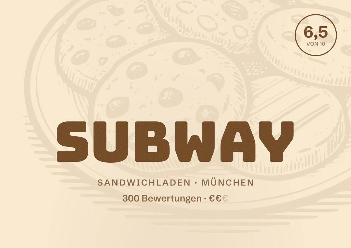 Illustriertes Poster von Subway, Sandwichladen in München: Bewertung 6,5 von 10 aus 300 Bewertungen, Preisniveau €€