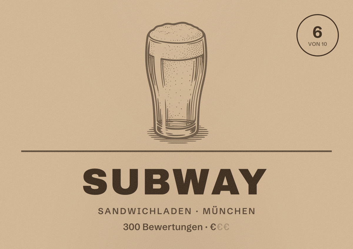 Illustriertes Poster von Subway, Sandwichladen in München: Bewertung 6,0 von 10 aus 300 Bewertungen, Preisniveau €