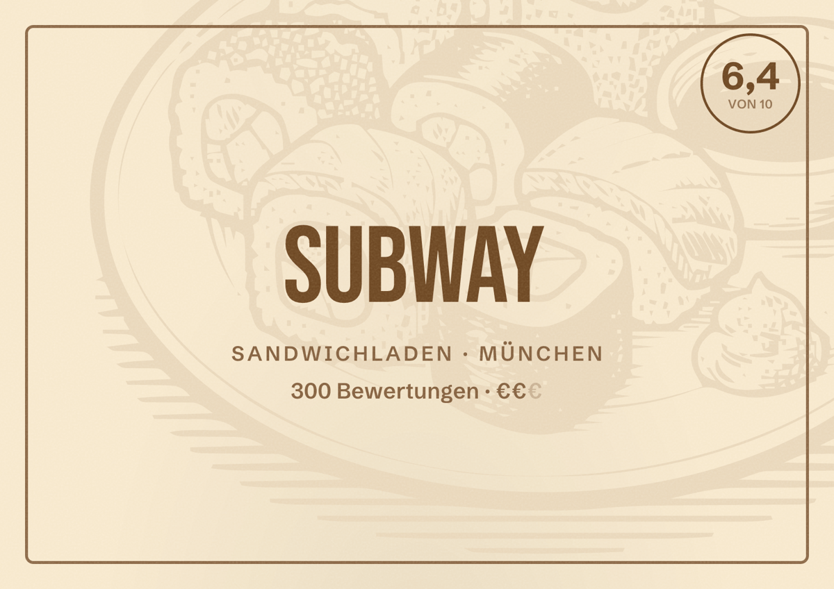 Illustriertes Poster von Subway, Sandwichladen in München: Bewertung 6,4 von 10 aus 300 Bewertungen, Preisniveau €€