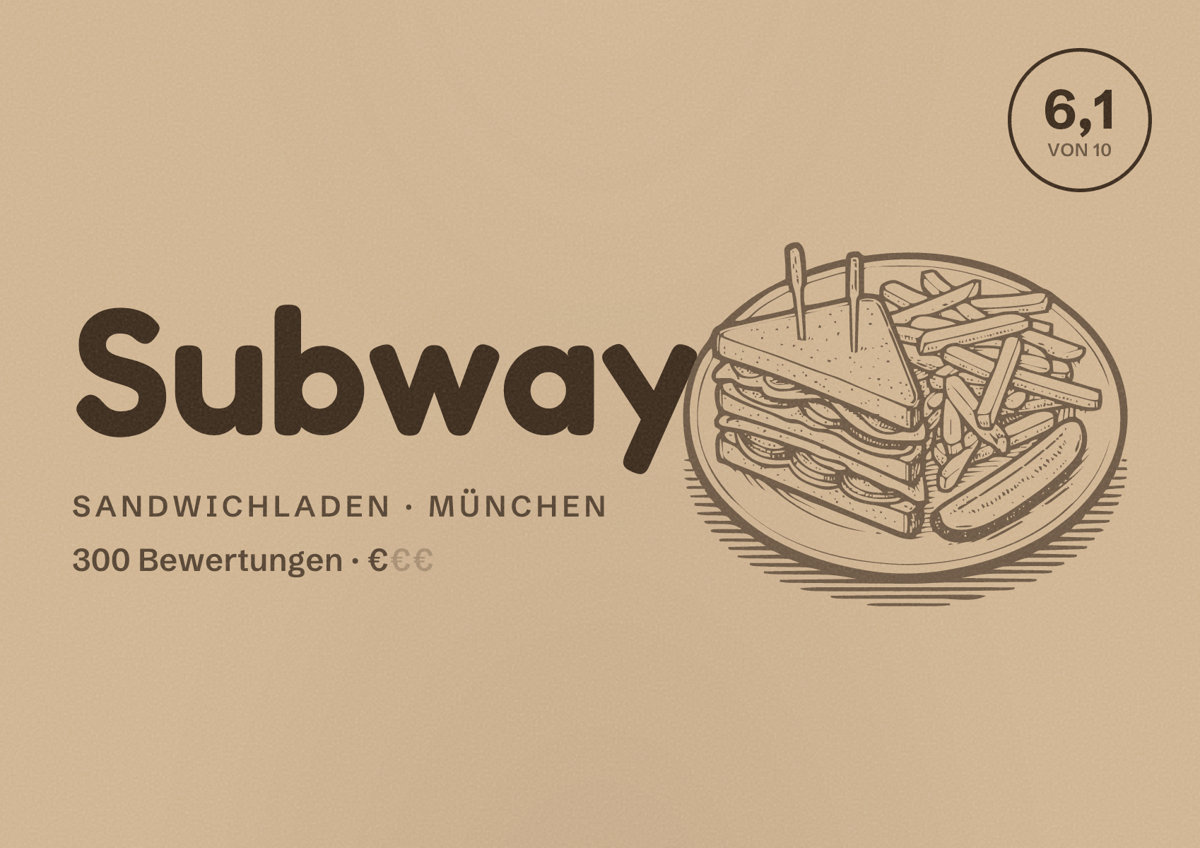 Illustriertes Poster von Subway, Sandwichladen in München: Bewertung 6,1 von 10 aus 300 Bewertungen, Preisniveau €