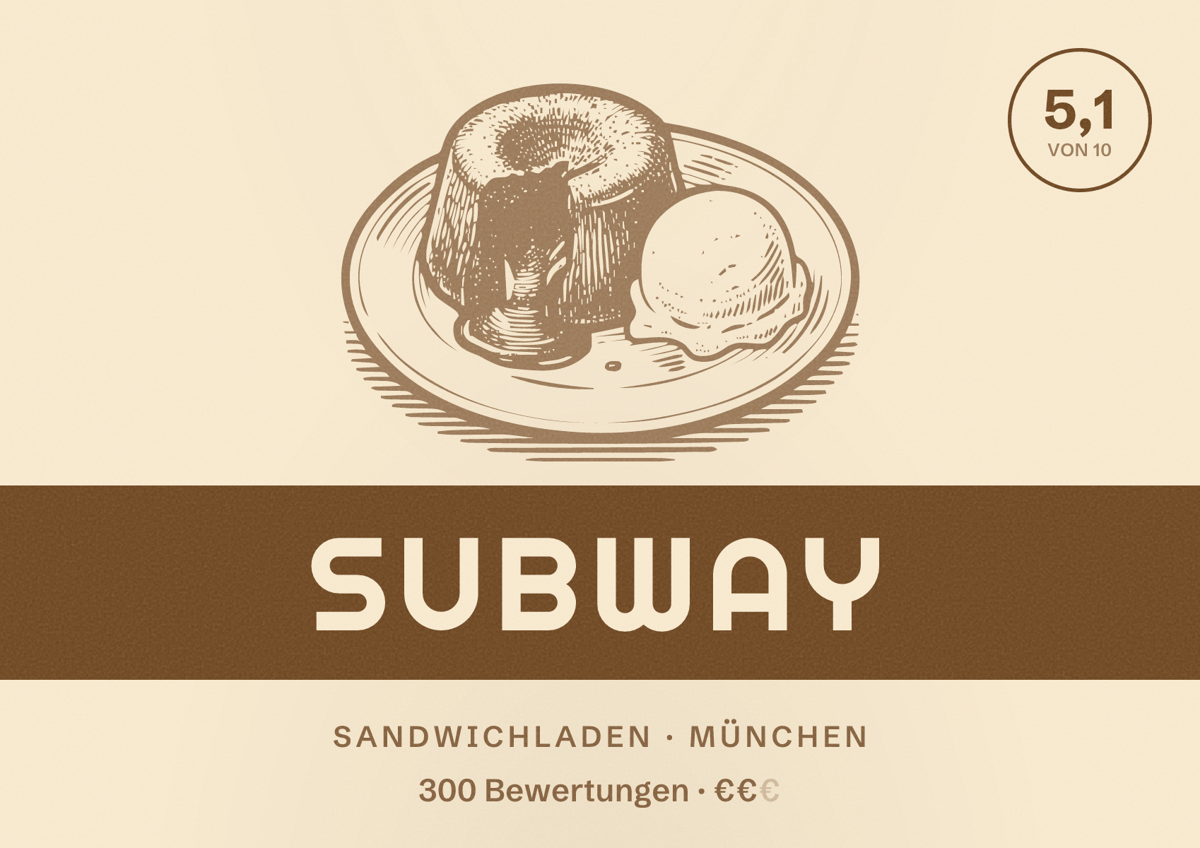 Illustriertes Poster von Subway, Sandwichladen in München: Bewertung 5,1 von 10 aus 300 Bewertungen, Preisniveau €€