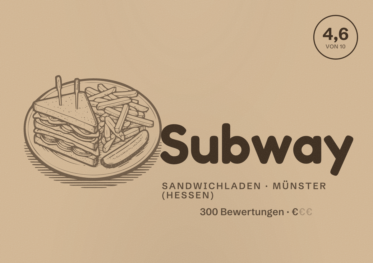 Illustriertes Poster von Subway, Sandwichladen in Münster (Hessen): Bewertung 4,6 von 10 aus 300 Bewertungen, Preisniveau €