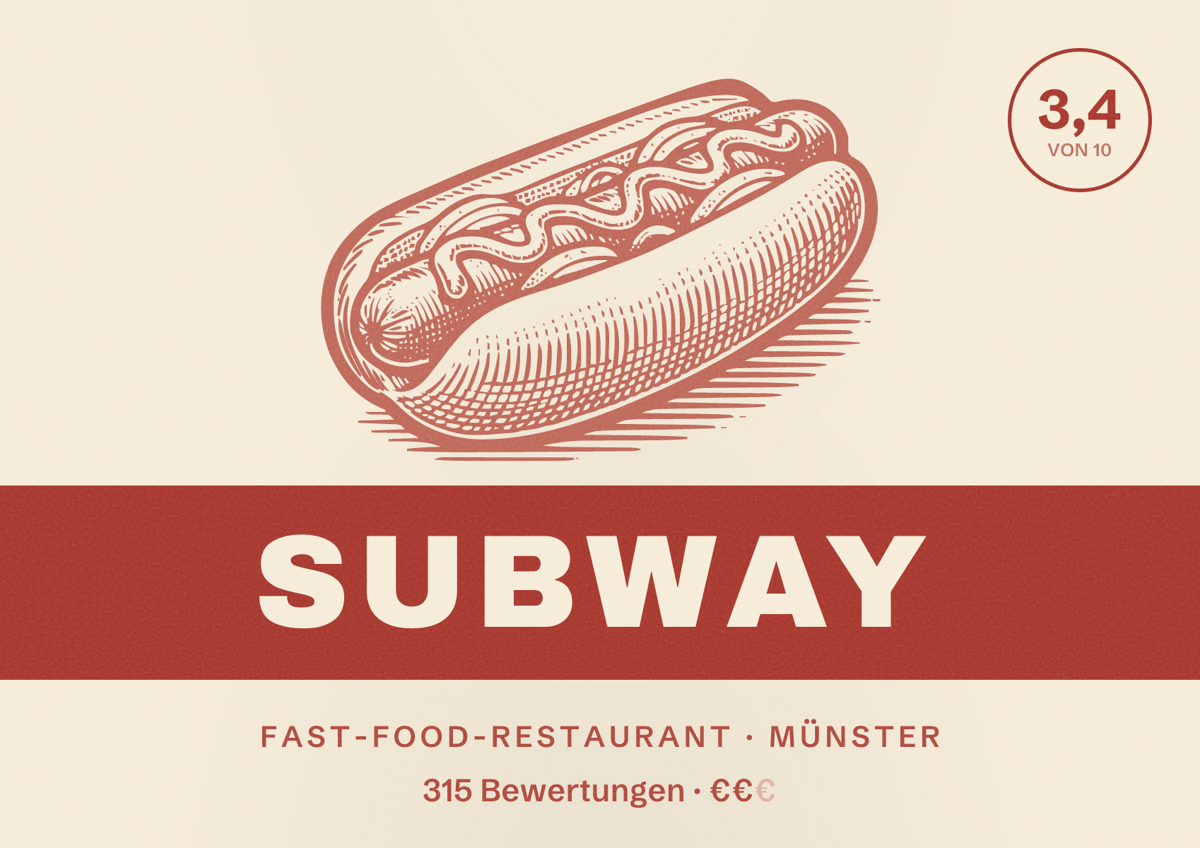 Illustriertes Poster von Subway, Fast-Food-Restaurant in Münster: Bewertung 3,4 von 10 aus 315 Bewertungen, Preisniveau €€