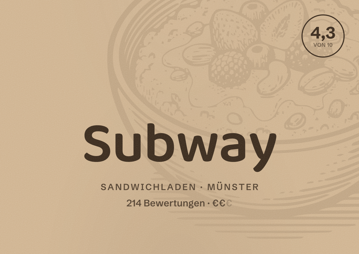 Illustriertes Poster von Subway, Sandwichladen in Münster: Bewertung 4,3 von 10 aus 214 Bewertungen, Preisniveau €€