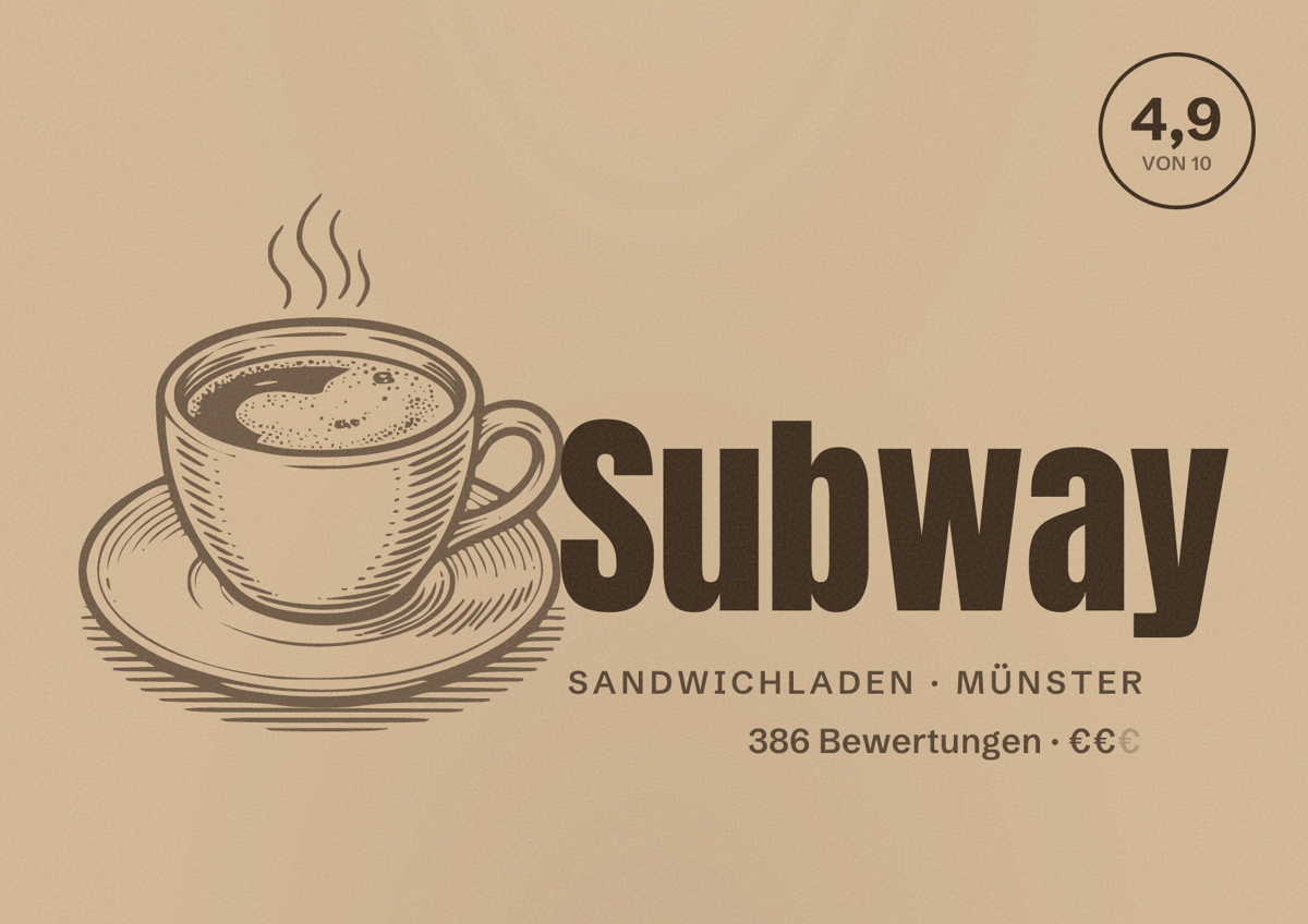 Illustriertes Poster von Subway, Sandwichladen in Münster: Bewertung 4,9 von 10 aus 386 Bewertungen, Preisniveau €€