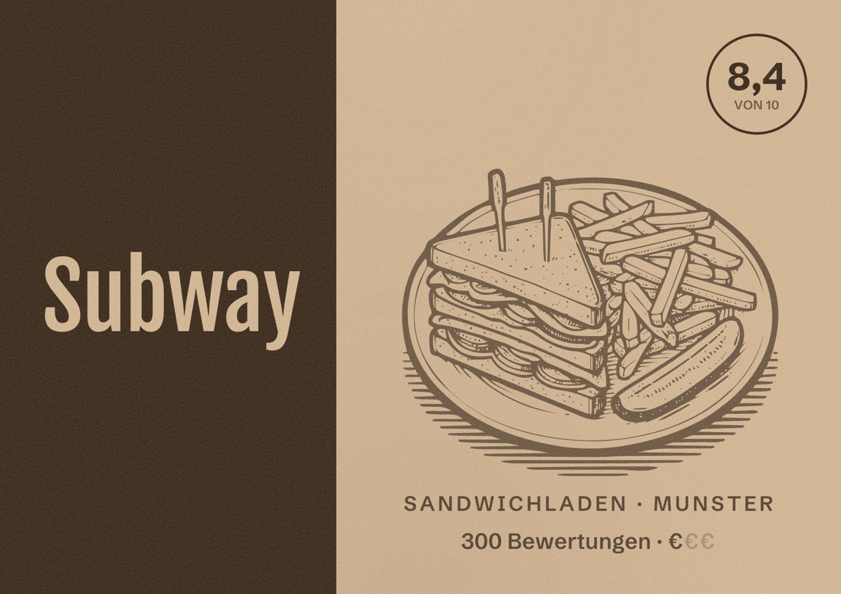Illustriertes Poster von Subway, Sandwichladen in Munster: Bewertung 8,4 von 10 aus 300 Bewertungen, Preisniveau €