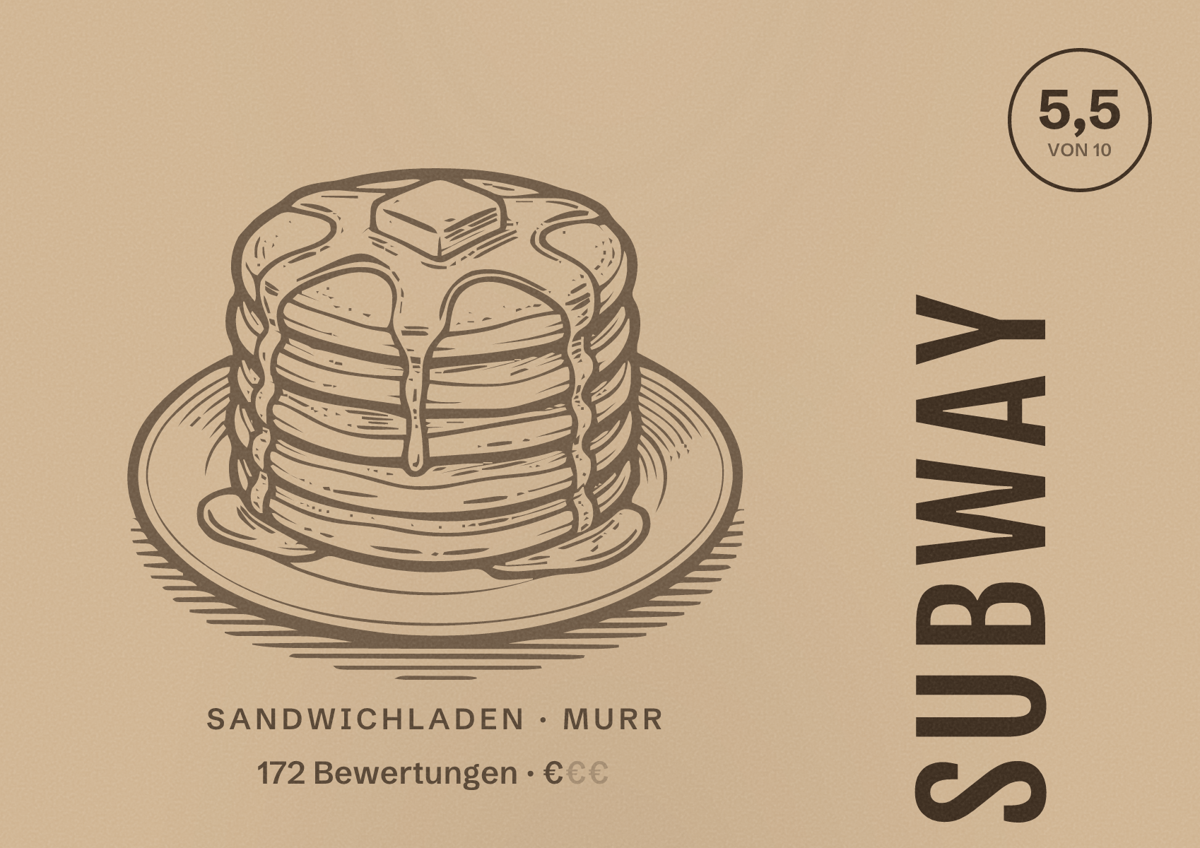 Illustriertes Poster von Subway, Sandwichladen in Murr: Bewertung 5,5 von 10 aus 172 Bewertungen, Preisniveau €
