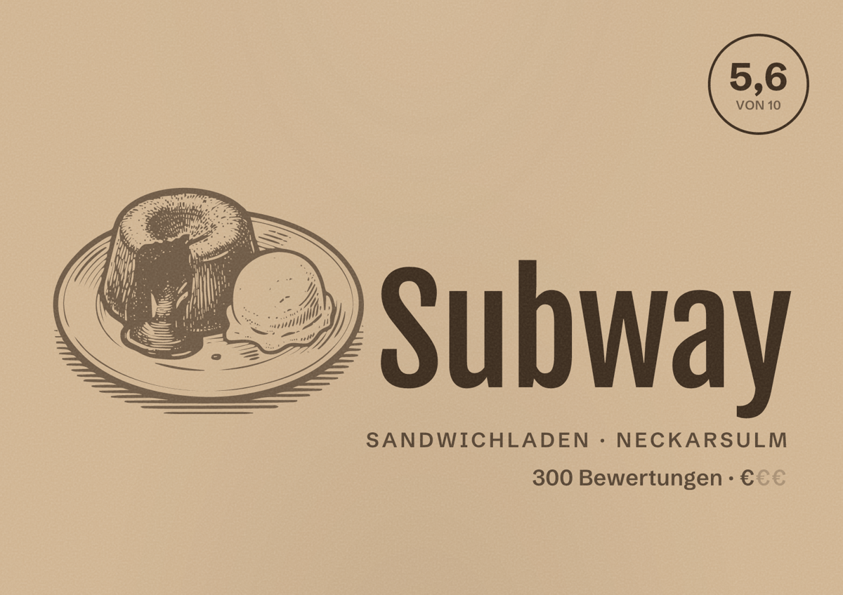 Illustriertes Poster von Subway, Sandwichladen in Neckarsulm: Bewertung 5,6 von 10 aus 300 Bewertungen, Preisniveau €