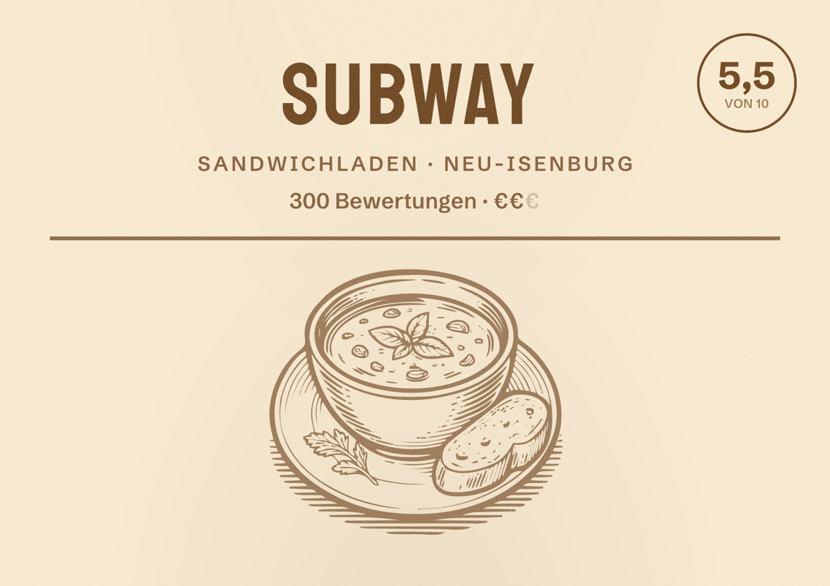 Illustriertes Poster von Subway, Sandwichladen in Neu-Isenburg: Bewertung 5,5 von 10 aus 300 Bewertungen, Preisniveau €€