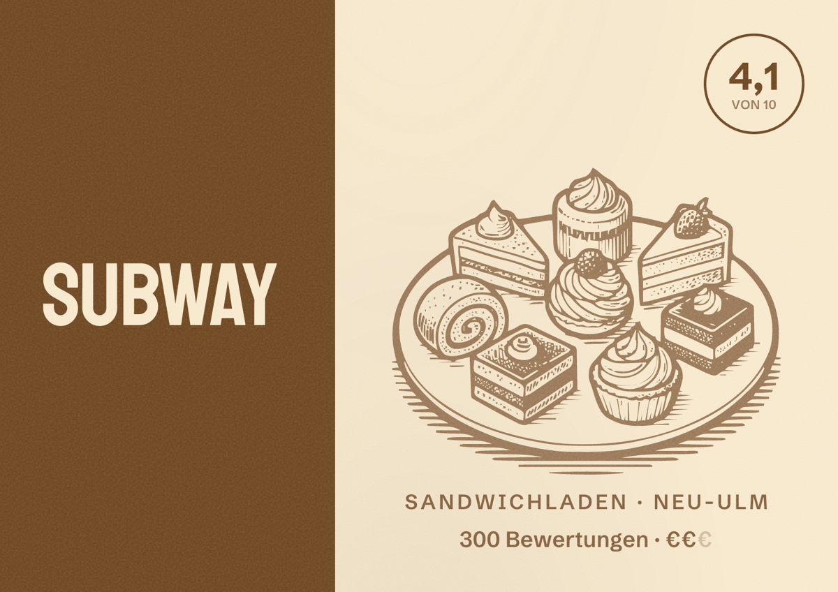 Illustriertes Poster von Subway, Sandwichladen in Neu-Ulm: Bewertung 4,1 von 10 aus 300 Bewertungen, Preisniveau €€