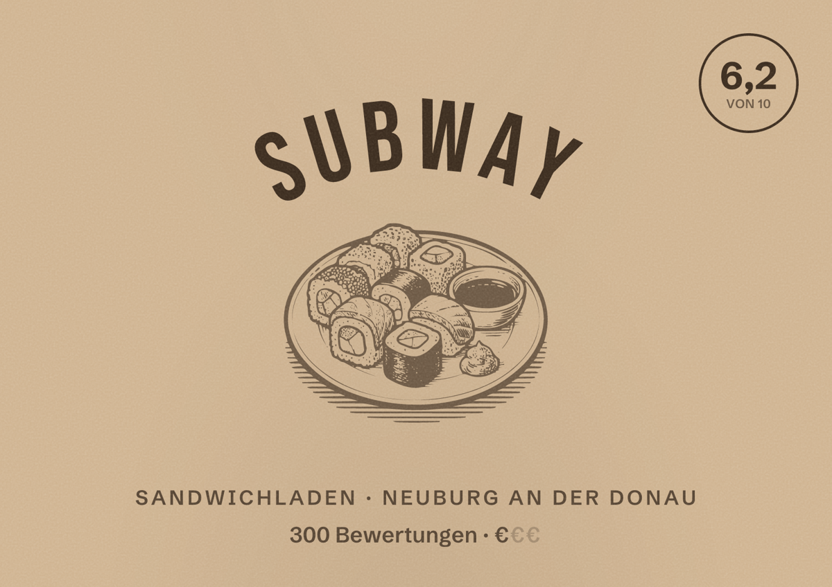 Illustriertes Poster von Subway, Sandwichladen in Neuburg an der Donau: Bewertung 6,2 von 10 aus 300 Bewertungen, Preisniveau €