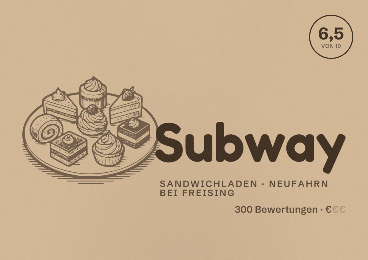 Illustriertes Poster von Subway, Sandwichladen in Neufahrn bei Freising: Bewertung 6,5 von 10 aus 300 Bewertungen, Preisniveau €