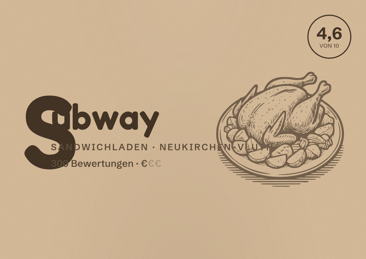 Illustriertes Poster von Subway, Sandwichladen in Neukirchen-Vluyn: Bewertung 4,6 von 10 aus 300 Bewertungen, Preisniveau €