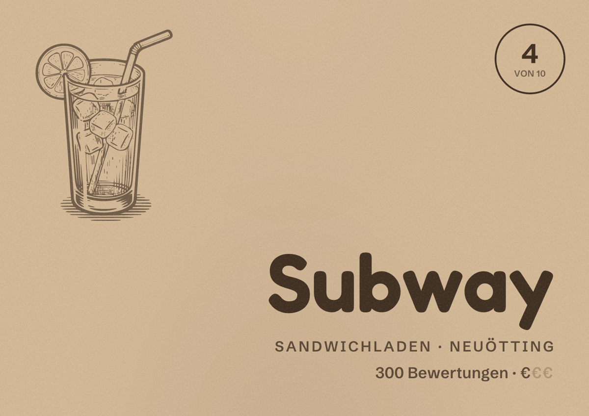 Illustriertes Poster von Subway, Sandwichladen in Neuötting: Bewertung 4 von 10 aus 300 Bewertungen, Preisniveau €