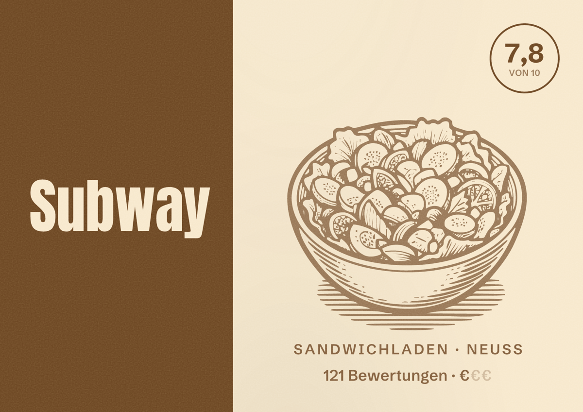 Illustriertes Poster von Subway, Sandwichladen in Neuss: Bewertung 7,8 von 10 aus 121 Bewertungen, Preisniveau €