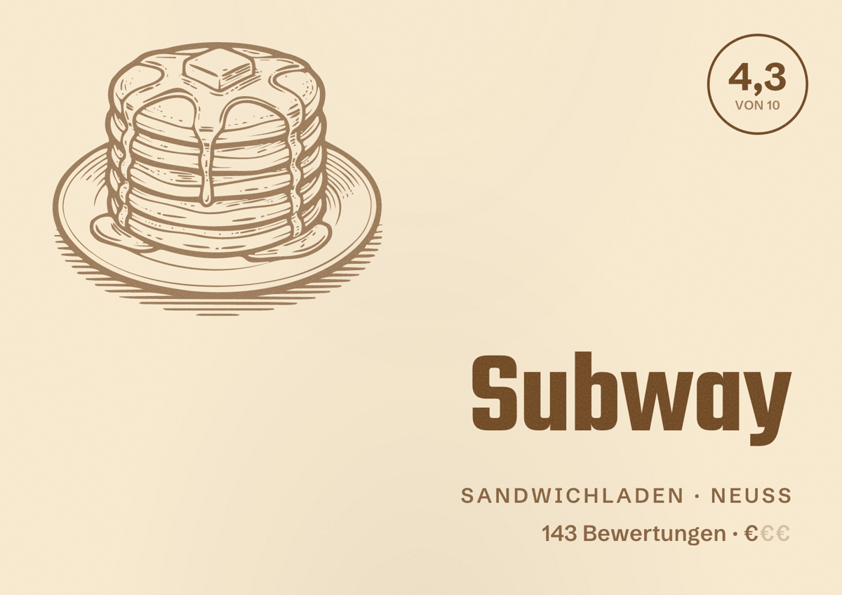 Illustriertes Poster von Subway, Sandwichladen in Neuss: Bewertung 4,3 von 10 aus 143 Bewertungen, Preisniveau €