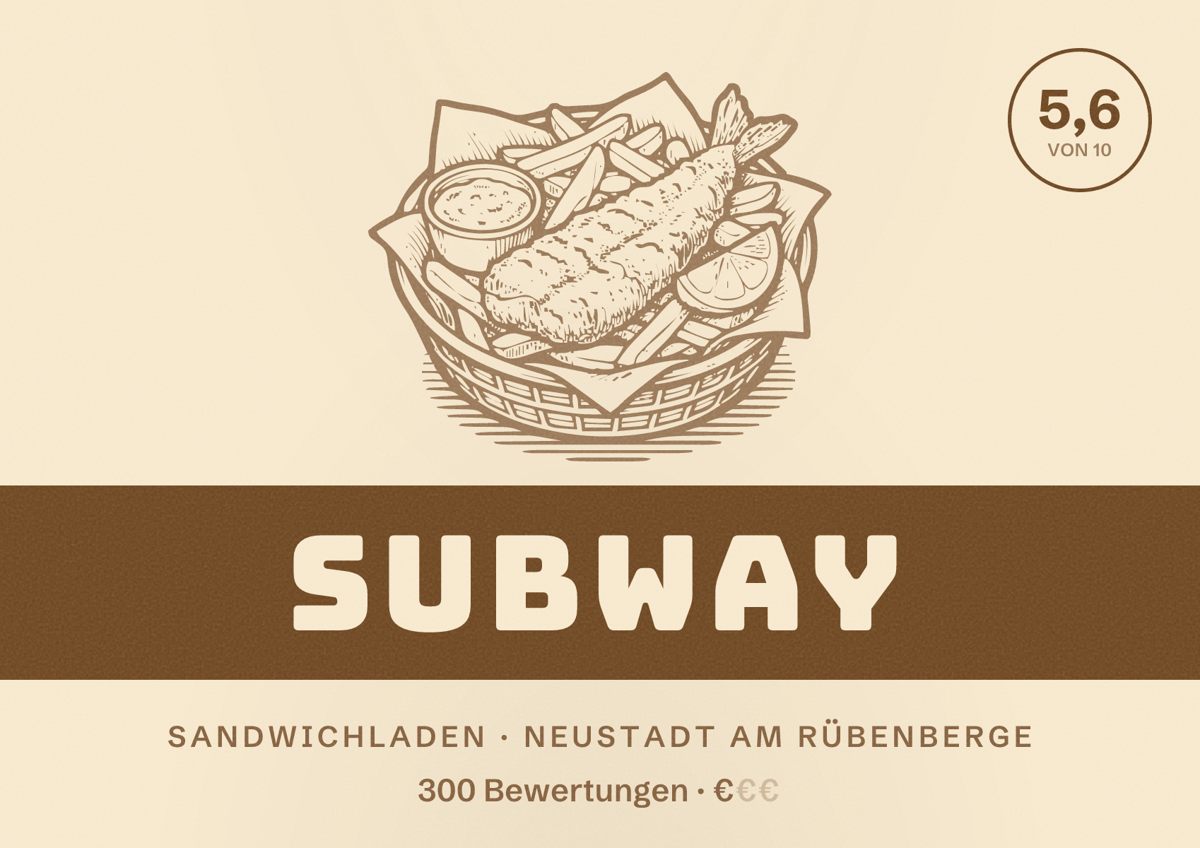 Illustriertes Poster von Subway, Sandwichladen in Neustadt am Rübenberge: Bewertung 5,6 von 10 aus 300 Bewertungen, Preisniveau €