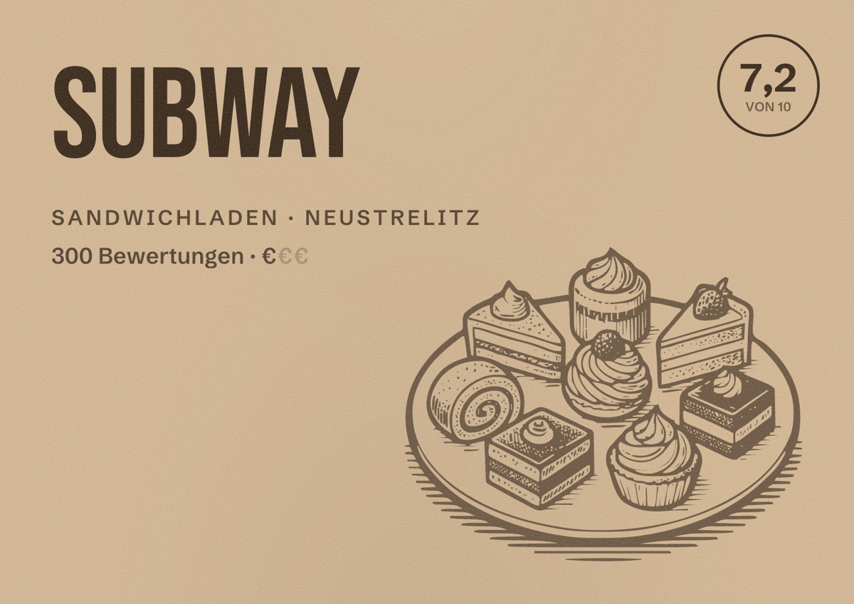 Illustriertes Poster von Subway, Sandwichladen in Neustrelitz: Bewertung 7,2 von 10 aus 300 Bewertungen, Preisniveau €
